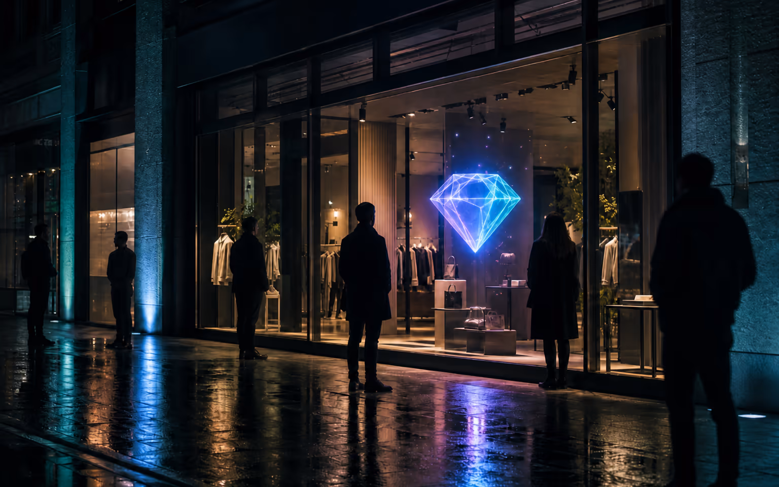 A night storefront with a lime AR diamond glowing in the window
