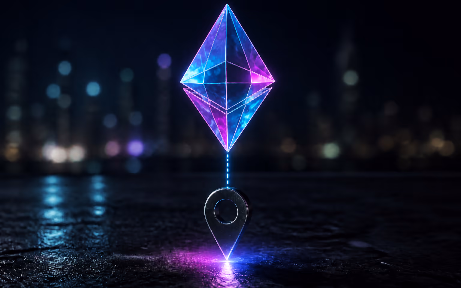 A glass NFT crystal floating above a coordinate pin, tethered by a lime light