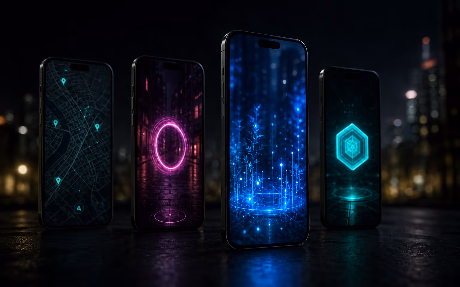 Four phones on a dark table, each showing a different AR scene