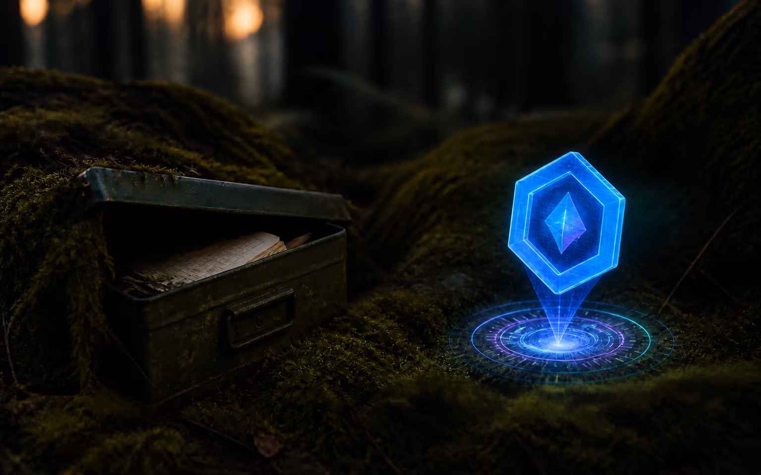 A physical geocache box beside a hovering holographic AR coin in moss
