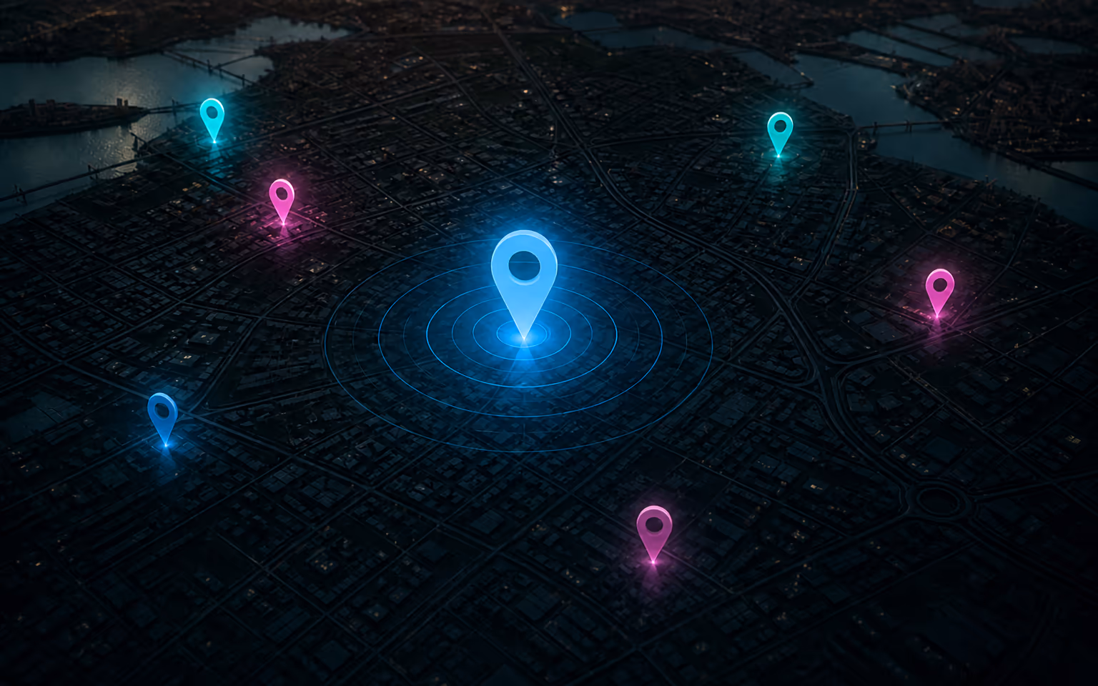 A dark city map with seven glowing pins, the centre one lime and brighter than the rest