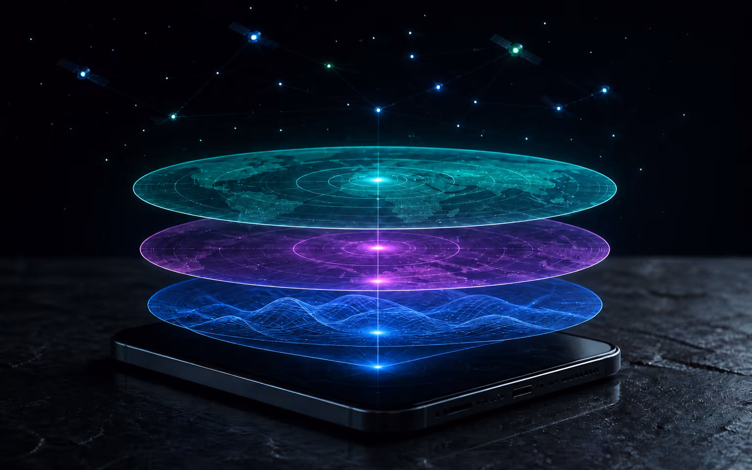 A phone under stacked translucent signal layers and satellite lights