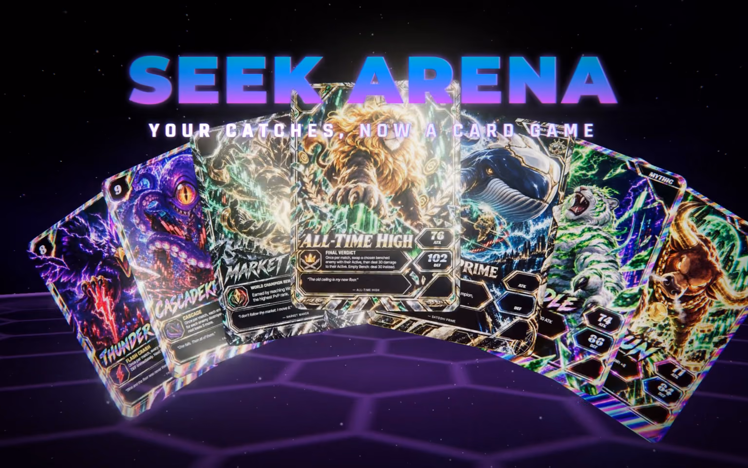Cartas de Seek Arena abiertas en abanico sobre el suelo de una arena hexagonal