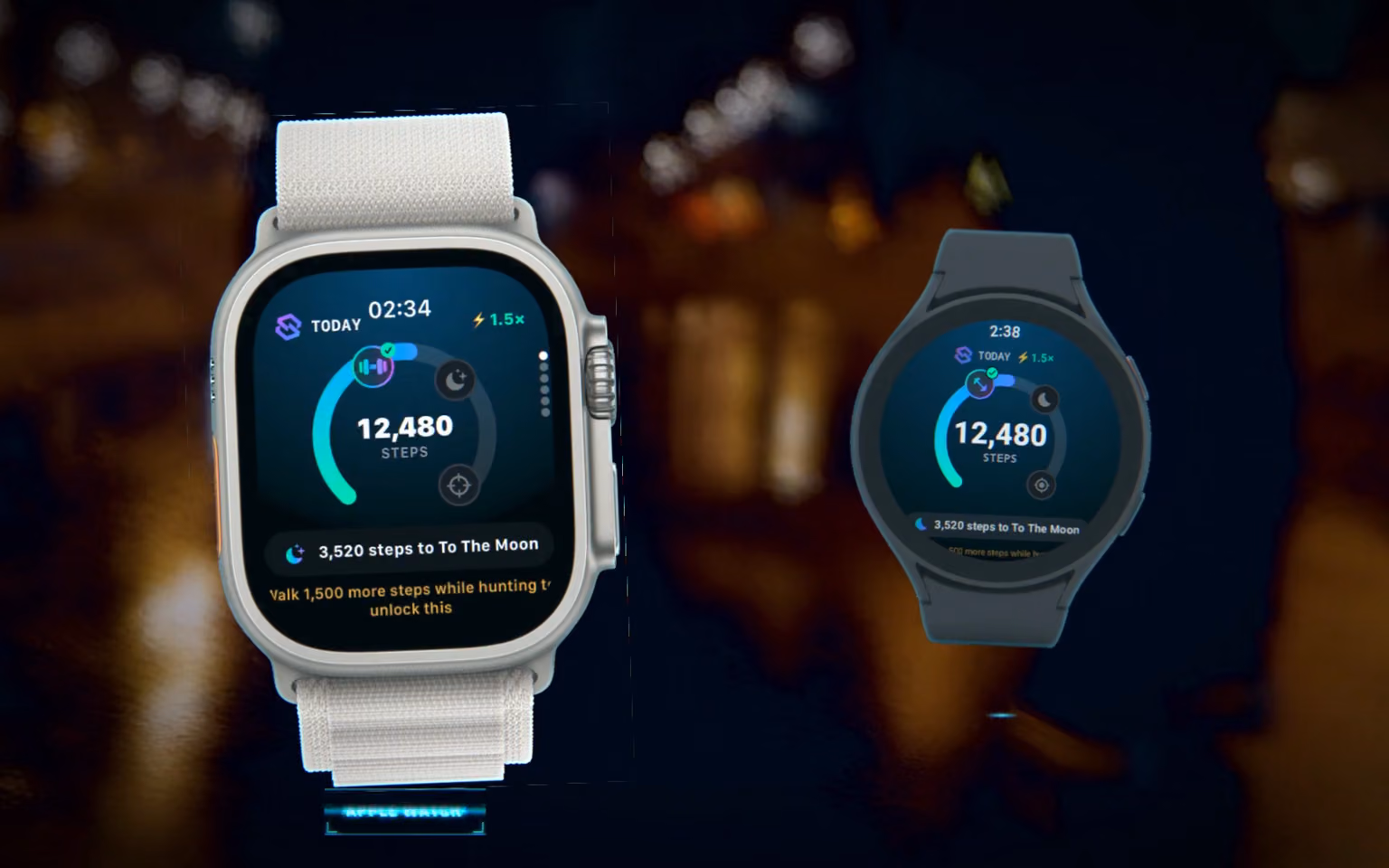 El recuento de pasos de Seekprotocol en un Apple Watch Ultra y un reloj con Wear OS